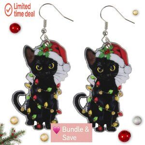 Funny Christmas Cat Dangle Earrings Lightweight Acrylic 2.75 Inch